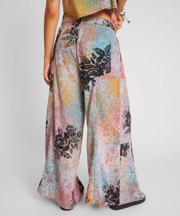 Women ROSE TATTOO HAND PAINTED FLORAL PALAZZO PANTS One Teaspoon Bottoms