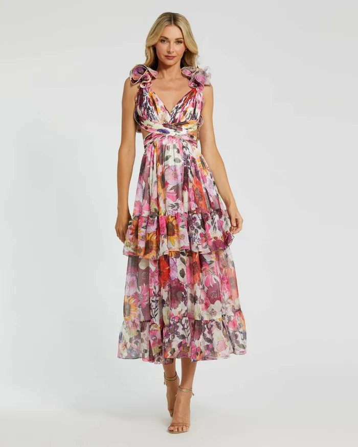 Women Ruffle Tiered CutOut Floral Chiffon Dress White Multi Daytime Dresses Mac Duggal Women Ruffle Tiered CutOut Floral Chiffon Dress White Multi Daytime Dresses Mac Duggal