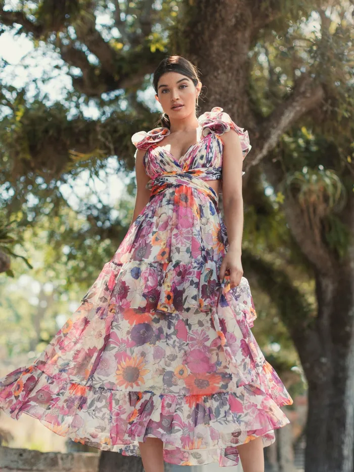 Women Ruffle Tiered CutOut Floral Chiffon Dress White Multi Daytime Dresses Mac Duggal