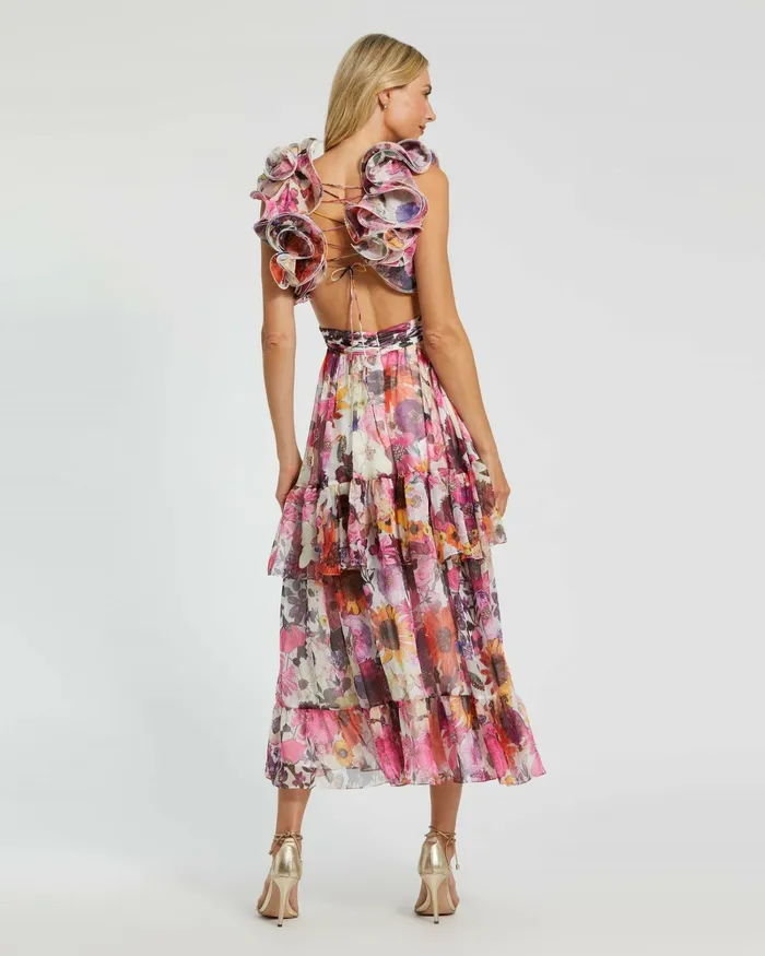 Women Ruffle Tiered CutOut Floral Chiffon Dress White Multi Daytime Dresses Mac Duggal