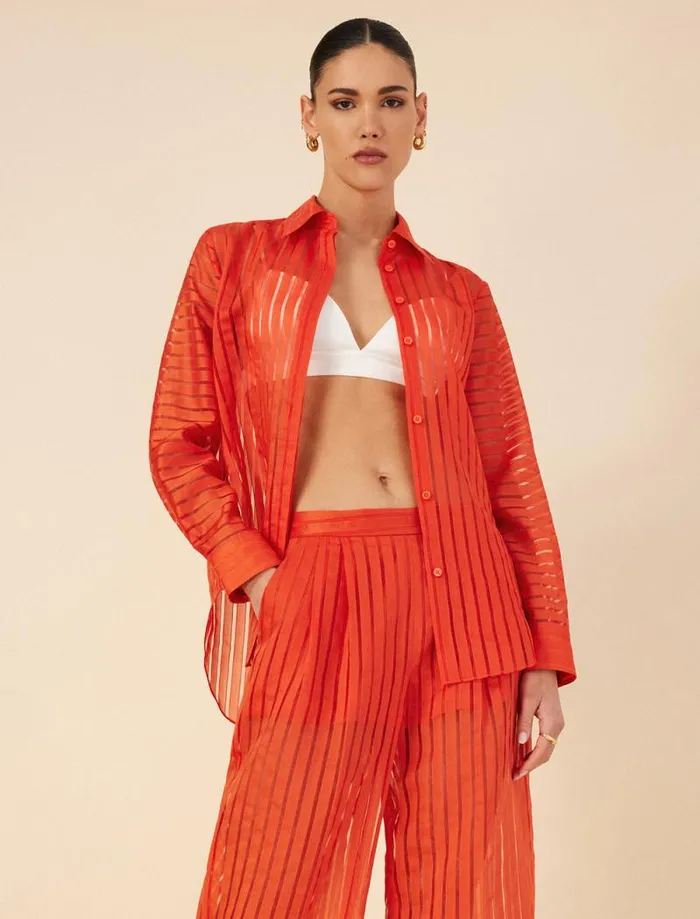 Women Sheer Stripe Button Down Shirt Pumpkin BCBG Tops Women Sheer Stripe Button Down Shirt Pumpkin BCBG Tops