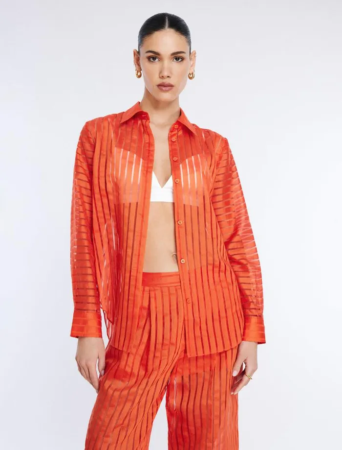 Women Sheer Stripe Button Down Shirt Pumpkin BCBG Tops Women Sheer Stripe Button Down Shirt Pumpkin BCBG Tops