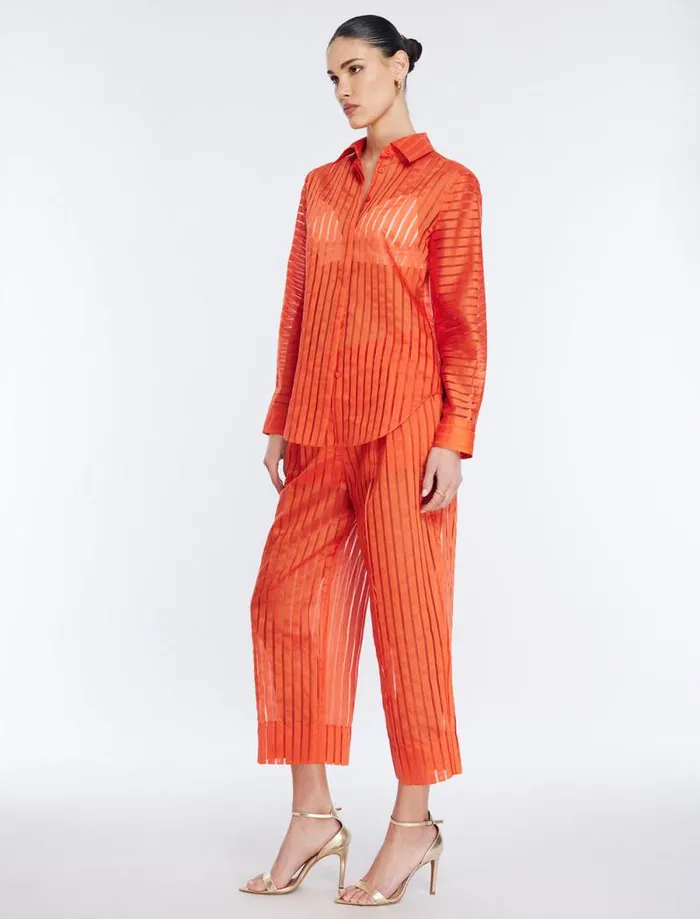Women Sheer Stripe Button Down Shirt Pumpkin BCBG Tops Women Sheer Stripe Button Down Shirt Pumpkin BCBG Tops