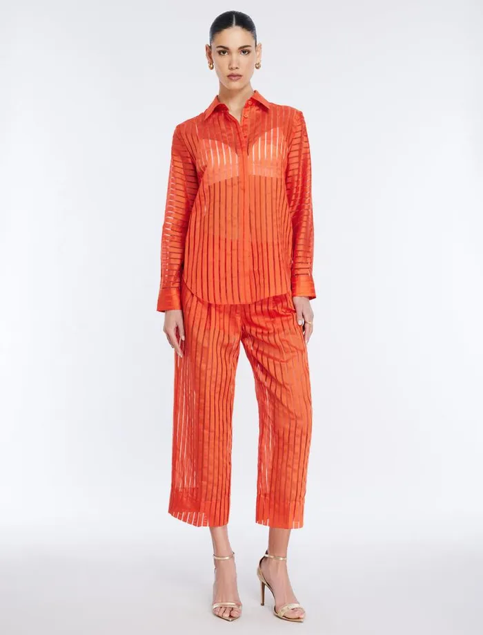 Women Sheer Stripe Button Down Shirt Pumpkin BCBG Tops Women Sheer Stripe Button Down Shirt Pumpkin BCBG Tops