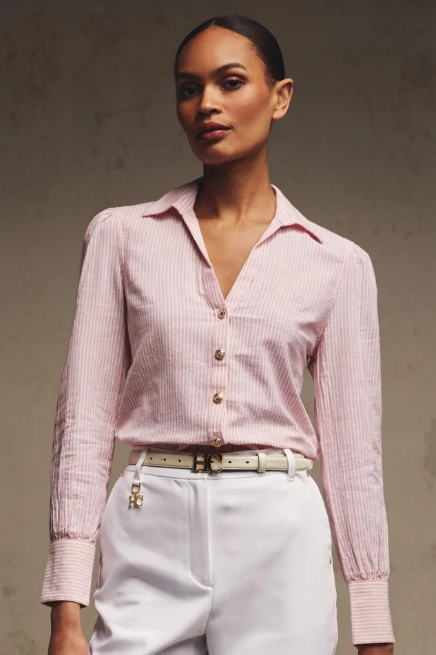 Women Shirts and Blouses Holland Cooper Classic VNeck Blouse Pink Stripe
