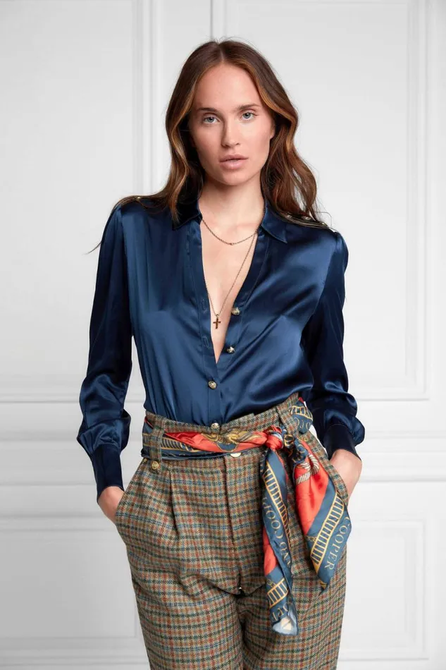 Women Shirts and Blouses Holland Cooper Silk VNeck Blouse Petrol Blue