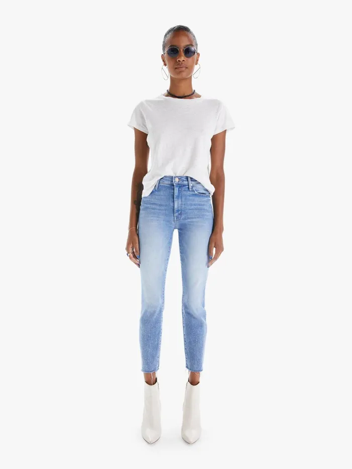 Women Skinny Mother Denim High Waisted Looker Ankle Fray Lightpastel Blue