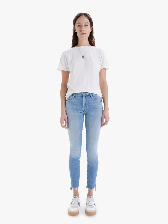 Women Skinny Mother Denim The Looker Two Step Ankle Fray Lightpastel Blue