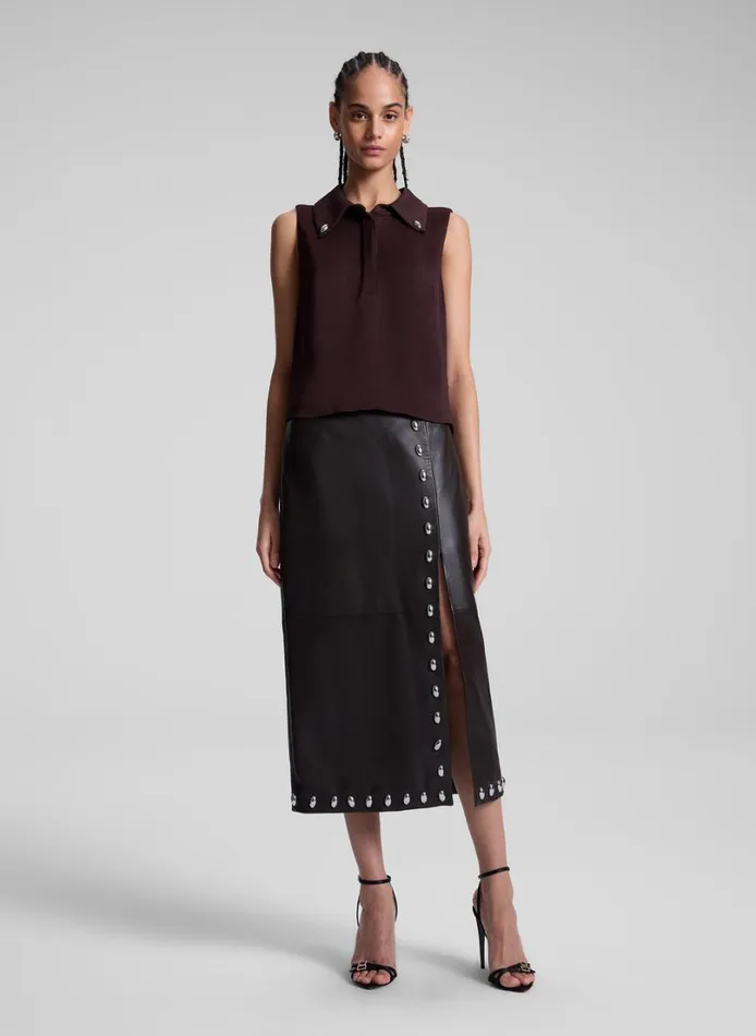 Women Skirts ALC Naomi Studded Leather Midi Skirt Ganache