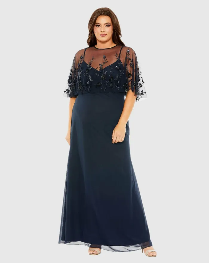 Women Sleeveless Dress With Embellished Cape Midnight Plus Size Dresses Mac Duggal Women Sleeveless Dress With Embellished Cape Midnight Plus Size Dresses Mac Duggal