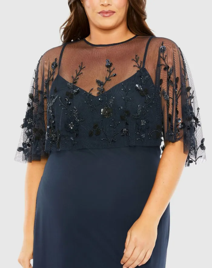 Women Sleeveless Dress With Embellished Cape Midnight Plus Size Dresses Mac Duggal Women Sleeveless Dress With Embellished Cape Midnight Plus Size Dresses Mac Duggal