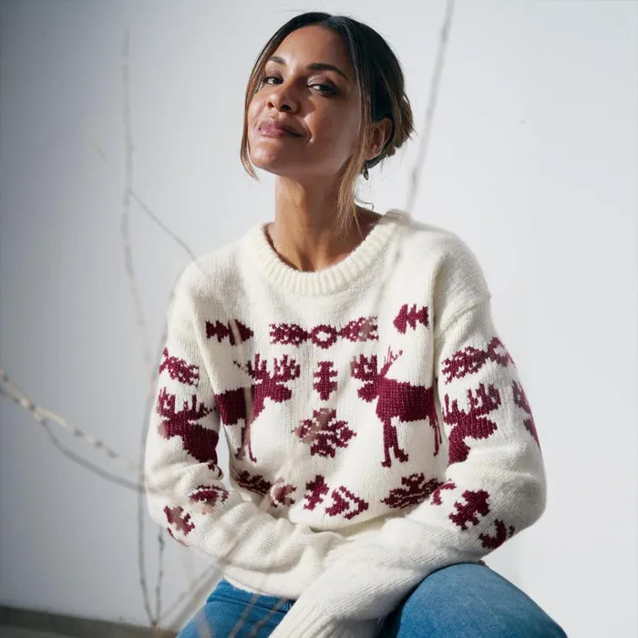 Women Spirited Moose Sweater Marshmallow Sundance Catalog Sweaters