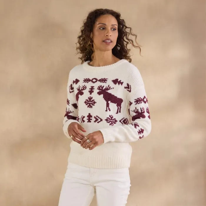 Women Spirited Moose Sweater Marshmallow Sundance Catalog Sweaters