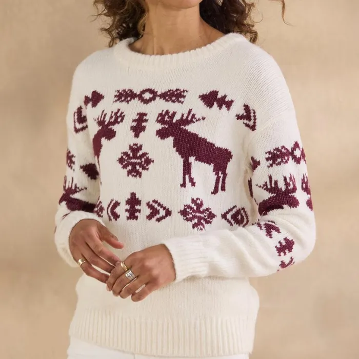 Women Spirited Moose Sweater Marshmallow Sundance Catalog Sweaters