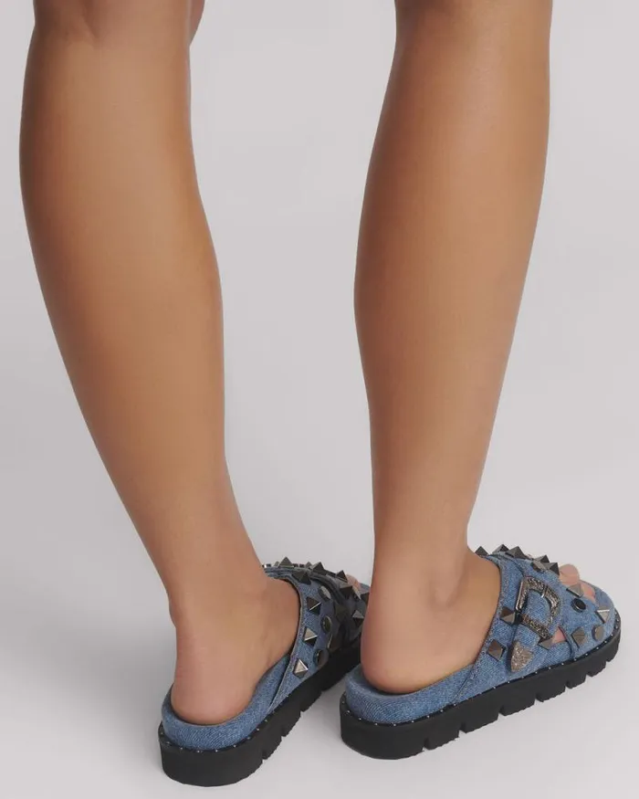 Women STUDDED DENIM IGGY SLIDES One Teaspoon Footwear