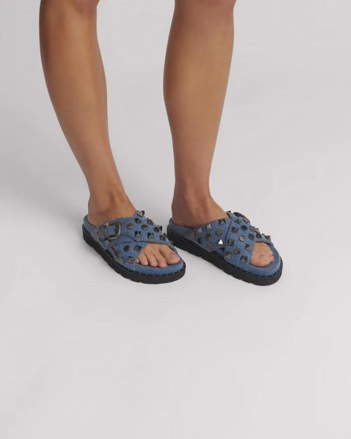 Women STUDDED DENIM IGGY SLIDES One Teaspoon Footwear