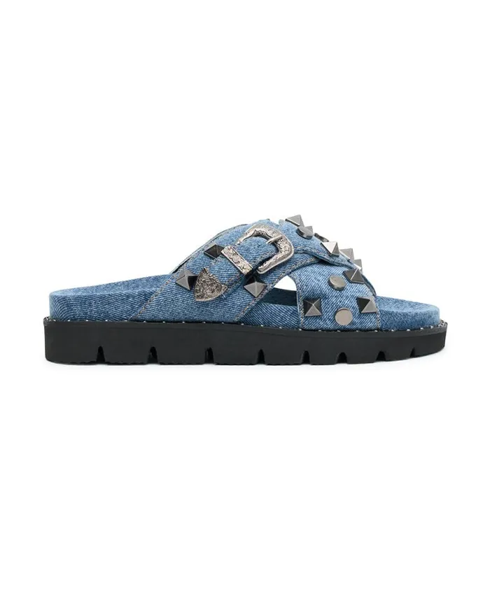 Women STUDDED DENIM IGGY SLIDES One Teaspoon Footwear