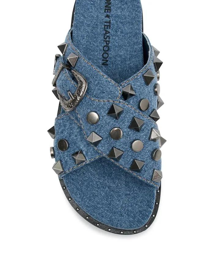 Women STUDDED DENIM IGGY SLIDES One Teaspoon Footwear