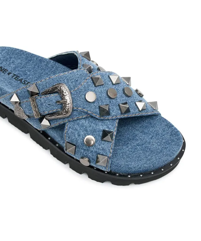 Women STUDDED DENIM IGGY SLIDES One Teaspoon Footwear