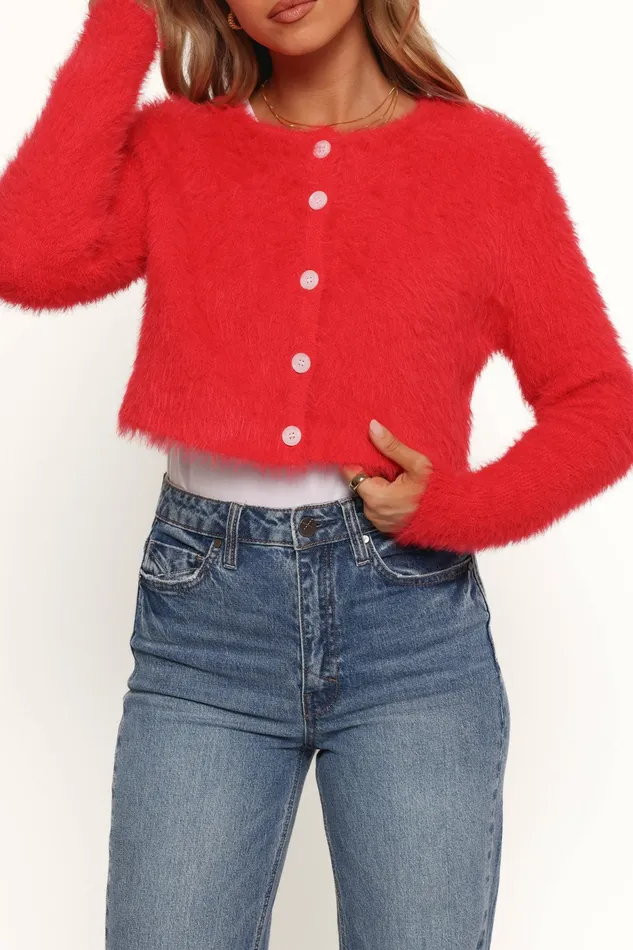 Women Tavan Crop Button Front Cardigan Red Sweaters Petal and Pup