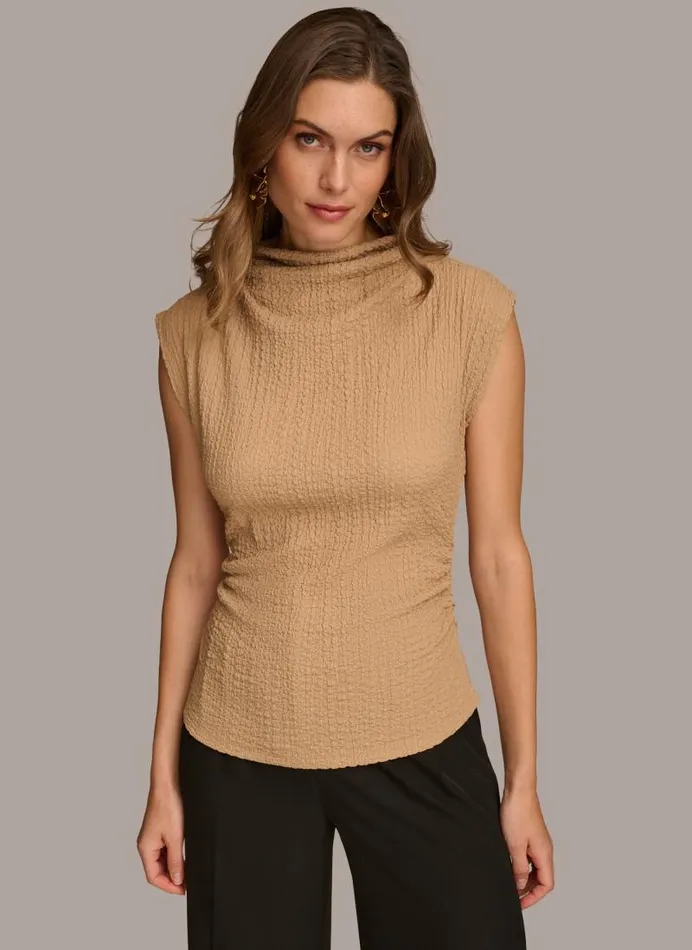 Women TEXTURED MOCKNECK TOP WITH RUCHING Fawn Donna Karan New York Sweaters And Tops Women TEXTURED MOCKNECK TOP WITH RUCHING Fawn Donna Karan New York Sweaters And Tops