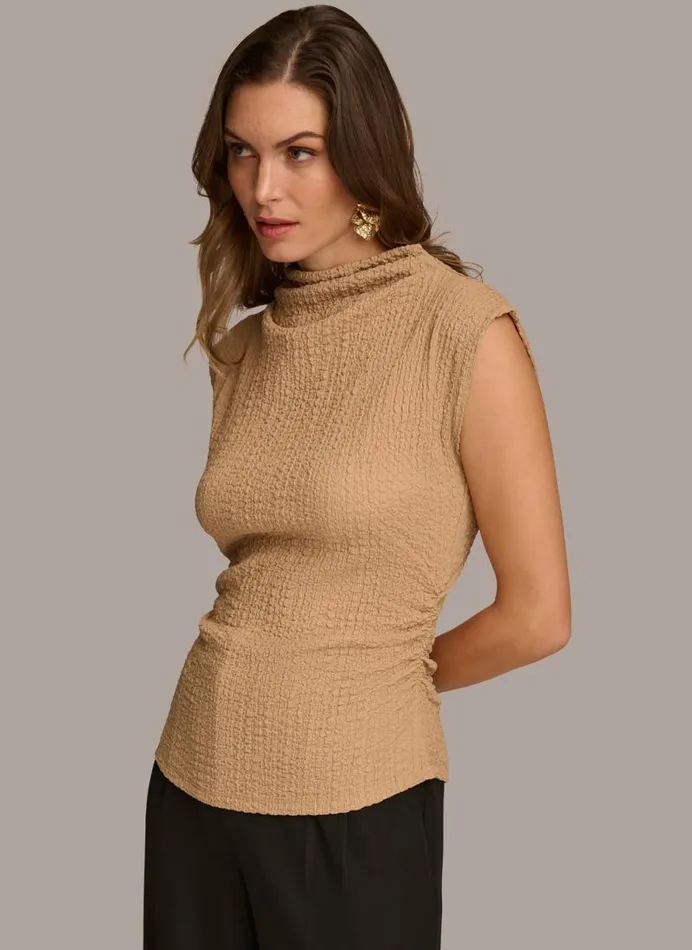 Women TEXTURED MOCKNECK TOP WITH RUCHING Fawn Donna Karan New York Sweaters And Tops Women TEXTURED MOCKNECK TOP WITH RUCHING Fawn Donna Karan New York Sweaters And Tops