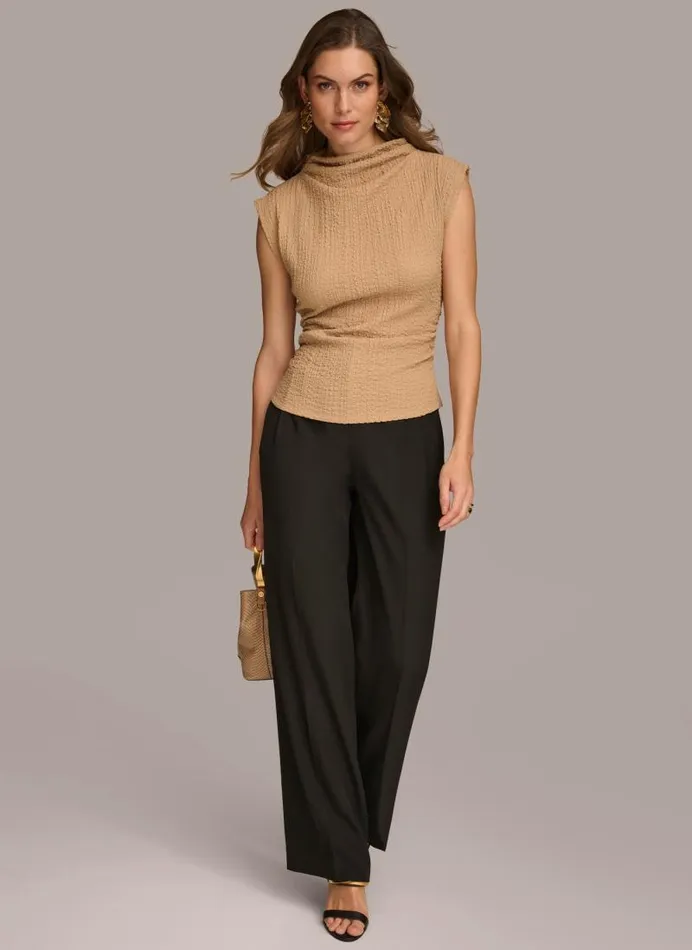 Women TEXTURED MOCKNECK TOP WITH RUCHING Fawn Donna Karan New York Sweaters And Tops Women TEXTURED MOCKNECK TOP WITH RUCHING Fawn Donna Karan New York Sweaters And Tops