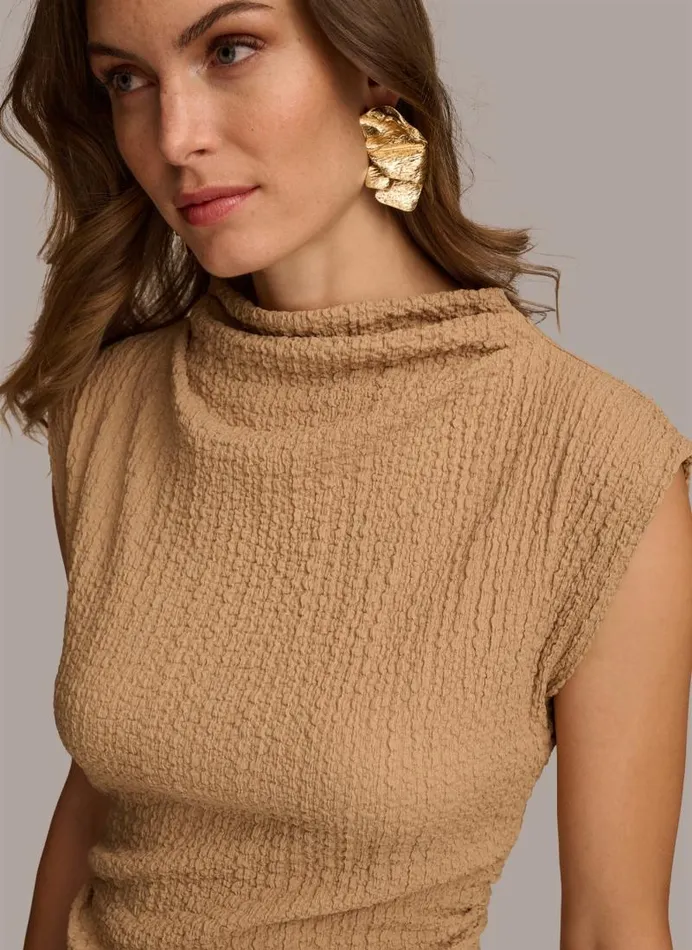 Women TEXTURED MOCKNECK TOP WITH RUCHING Fawn Donna Karan New York Sweaters And Tops Women TEXTURED MOCKNECK TOP WITH RUCHING Fawn Donna Karan New York Sweaters And Tops