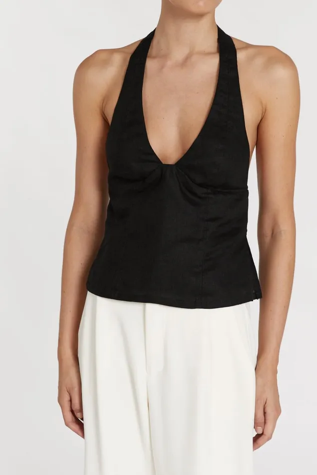 Women Tops DISSH AUDREY BLACK LINEN HALTER TOP
