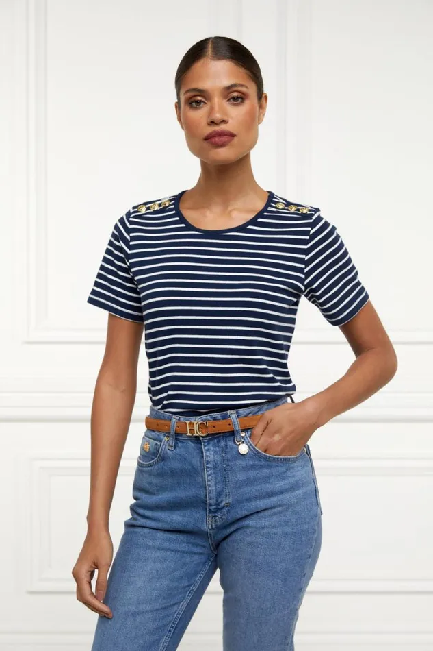 Women Tops Holland Cooper Padstow Crew Neck Tee Ink Navy Natural Stripe