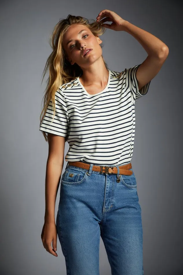 Women Tops Holland Cooper Padstow Crew Neck Tee Natural Ink Navy Stripe
