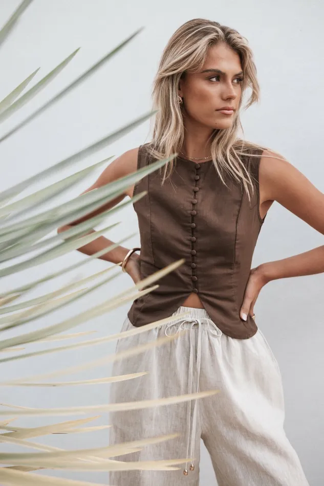 Women Tops Petal and Pup Daniella Linen Vest Chocolate Brown