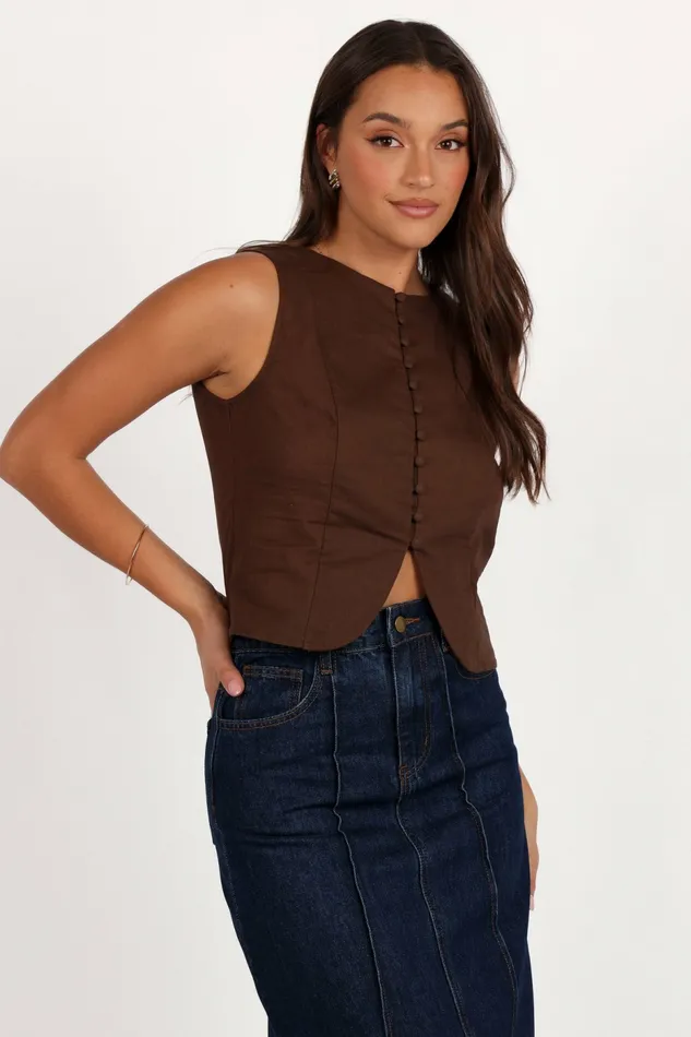 Women Tops Petal and Pup Daniella Linen Vest Chocolate Brown