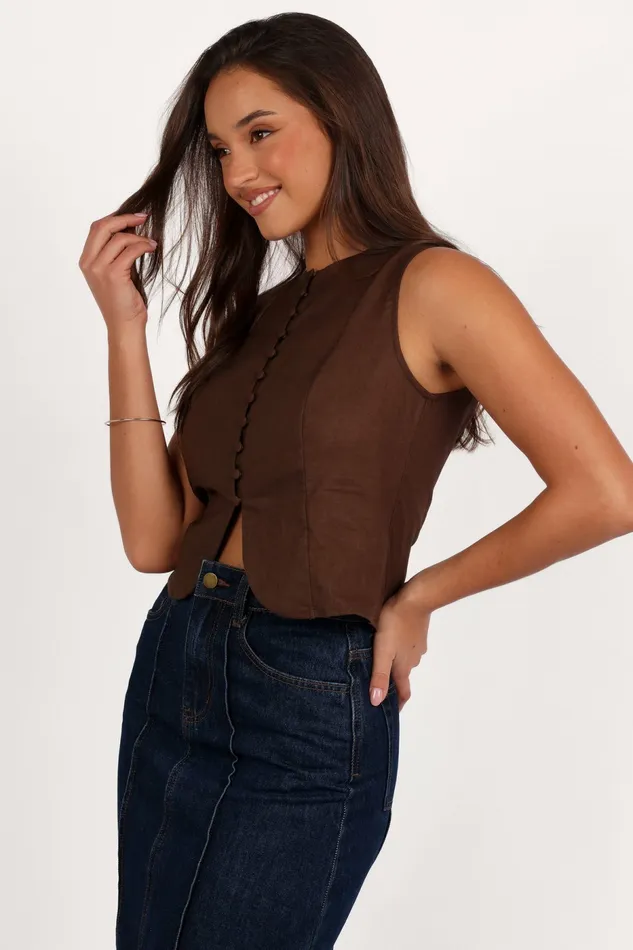Women Tops Petal and Pup Daniella Linen Vest Chocolate Brown
