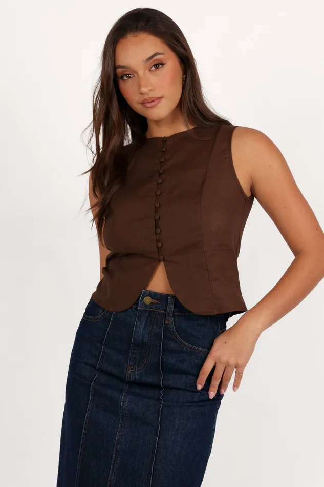 Women Tops Petal and Pup Daniella Linen Vest Chocolate Brown