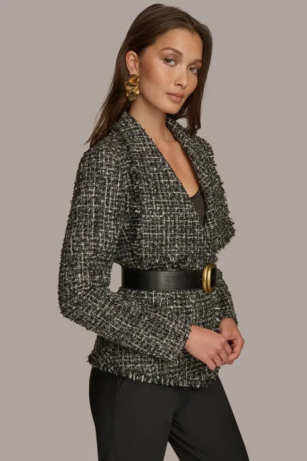 Women TWEED WIDE LAPEL BELTED BLAZER Black Donna Karan New York Jackets And Blazers Women TWEED WIDE LAPEL BELTED BLAZER Black Donna Karan New York Jackets And Blazers