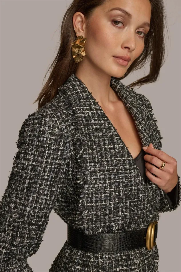 Women TWEED WIDE LAPEL BELTED BLAZER Black Donna Karan New York Jackets And Blazers Women TWEED WIDE LAPEL BELTED BLAZER Black Donna Karan New York Jackets And Blazers