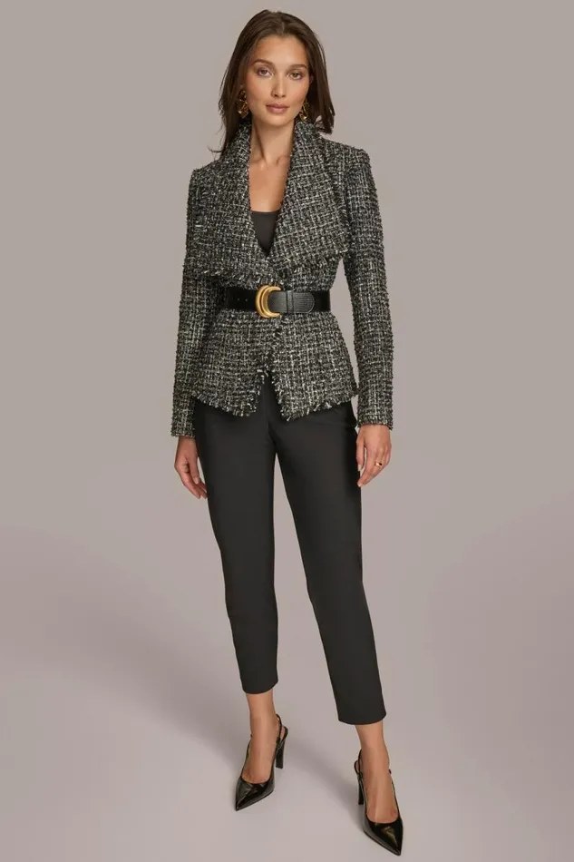 Women TWEED WIDE LAPEL BELTED BLAZER Black Donna Karan New York Jackets And Blazers Women TWEED WIDE LAPEL BELTED BLAZER Black Donna Karan New York Jackets And Blazers