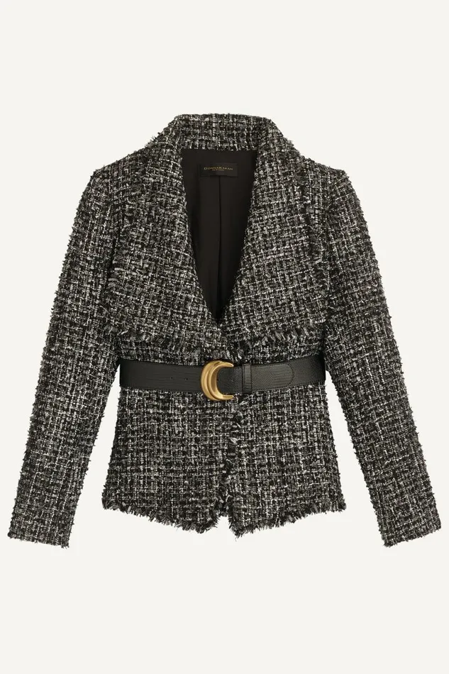 Women TWEED WIDE LAPEL BELTED BLAZER Black Donna Karan New York Jackets And Blazers Women TWEED WIDE LAPEL BELTED BLAZER Black Donna Karan New York Jackets And Blazers