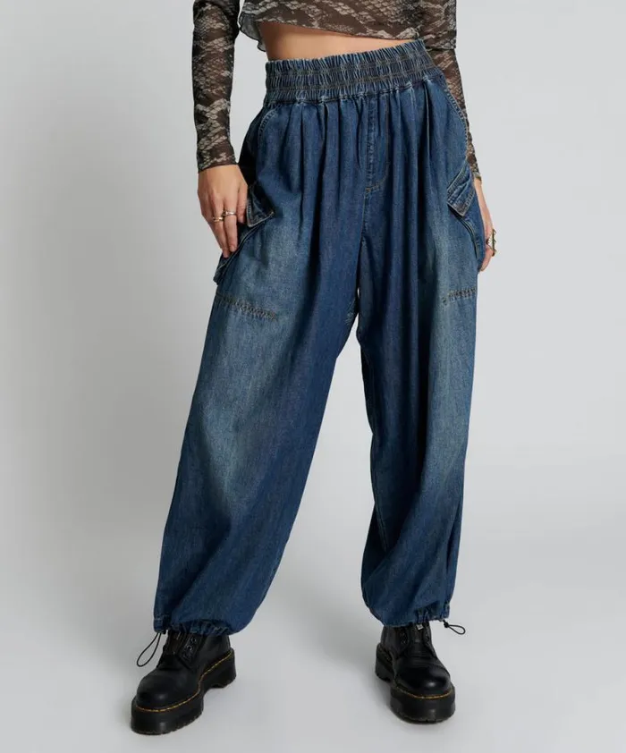 Women USED BLUE DENIM PARACHUTE PANTS One Teaspoon Bottoms Women USED BLUE DENIM PARACHUTE PANTS One Teaspoon Bottoms