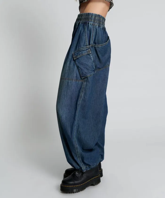 Women USED BLUE DENIM PARACHUTE PANTS One Teaspoon Bottoms Women USED BLUE DENIM PARACHUTE PANTS One Teaspoon Bottoms