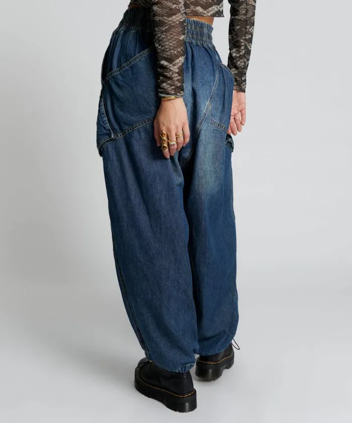 Women USED BLUE DENIM PARACHUTE PANTS One Teaspoon Bottoms Women USED BLUE DENIM PARACHUTE PANTS One Teaspoon Bottoms