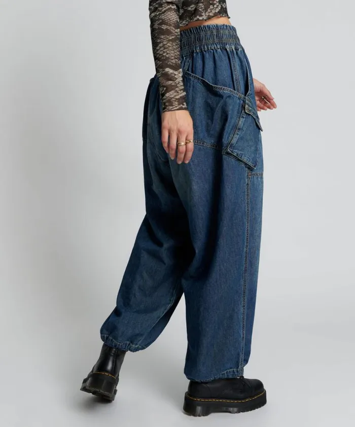 Women USED BLUE DENIM PARACHUTE PANTS One Teaspoon Bottoms Women USED BLUE DENIM PARACHUTE PANTS One Teaspoon Bottoms