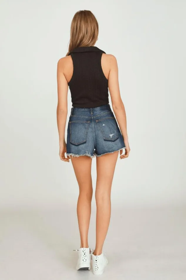 Women Vintage Havana Casual Tops Black Knit Polo Tank Top Black