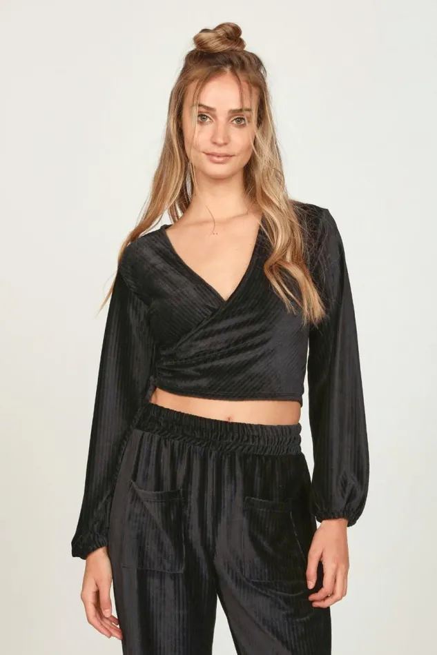 Women Vintage Havana Casual Tops Black Velour Surplice Top Black