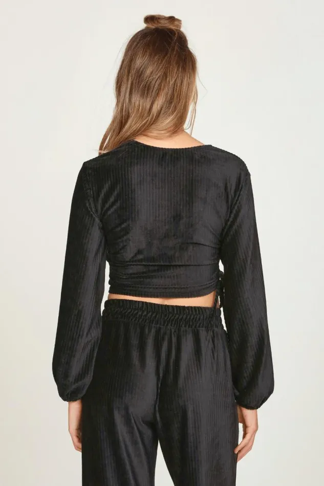 Women Vintage Havana Casual Tops Black Velour Surplice Top Black