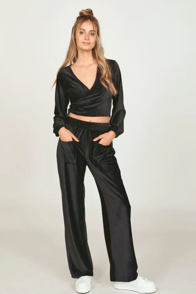 Women Vintage Havana Casual Tops Black Velour Surplice Top Black