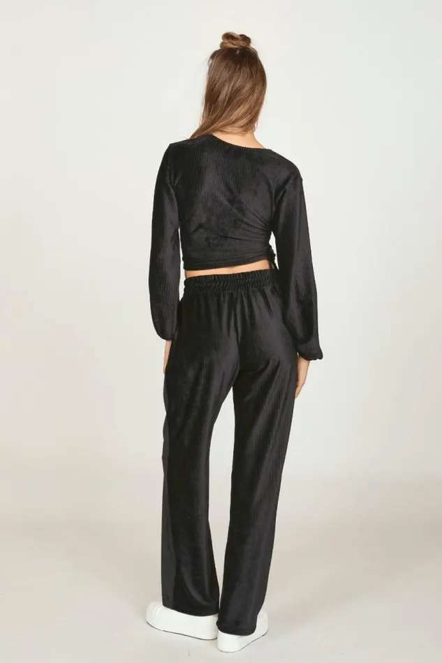 Women Vintage Havana Casual Tops Black Velour Surplice Top Black