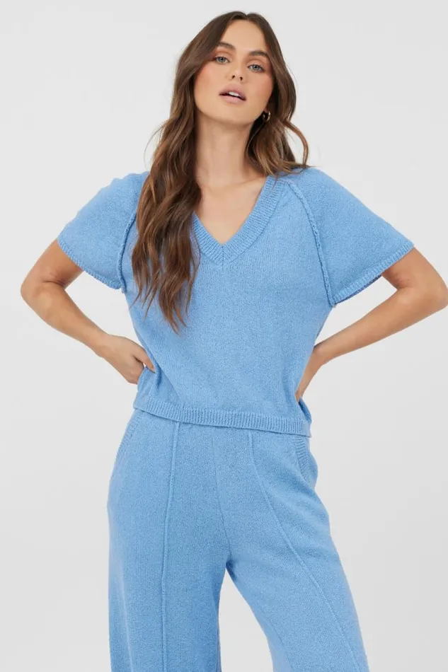 Women Vintage Havana Casual Tops Hightide Blue Relaxed Rib Knit Top Hightide Blue