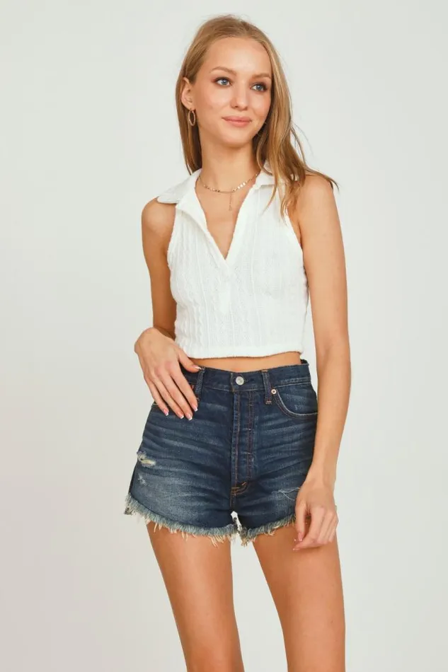Women Vintage Havana Casual Tops Off White Polo Tank Top Off White